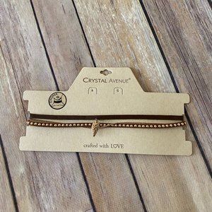 New Women's Crystal Avenue Set of Two Brown Leather Choker Necklace Arrow Charm